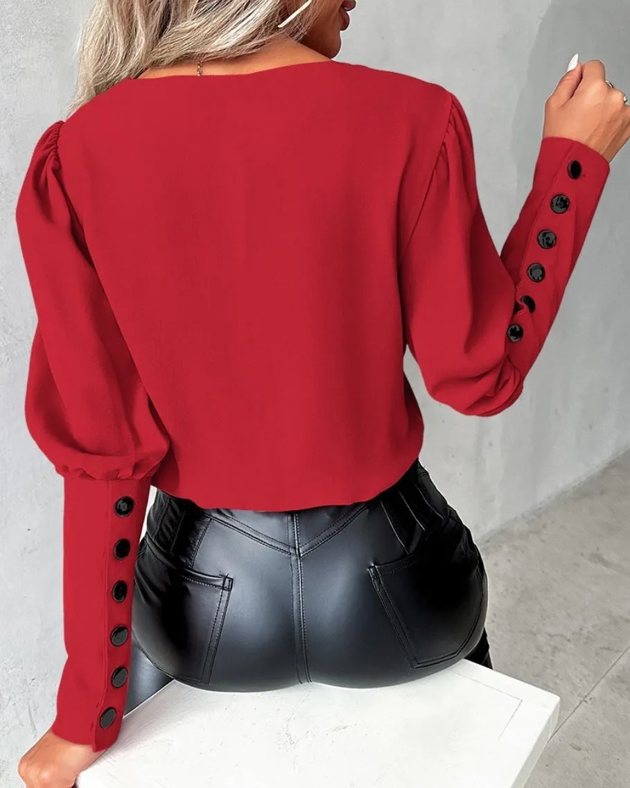Women’s V-Neck Long Sleeve Blouse With Decorative Buttons