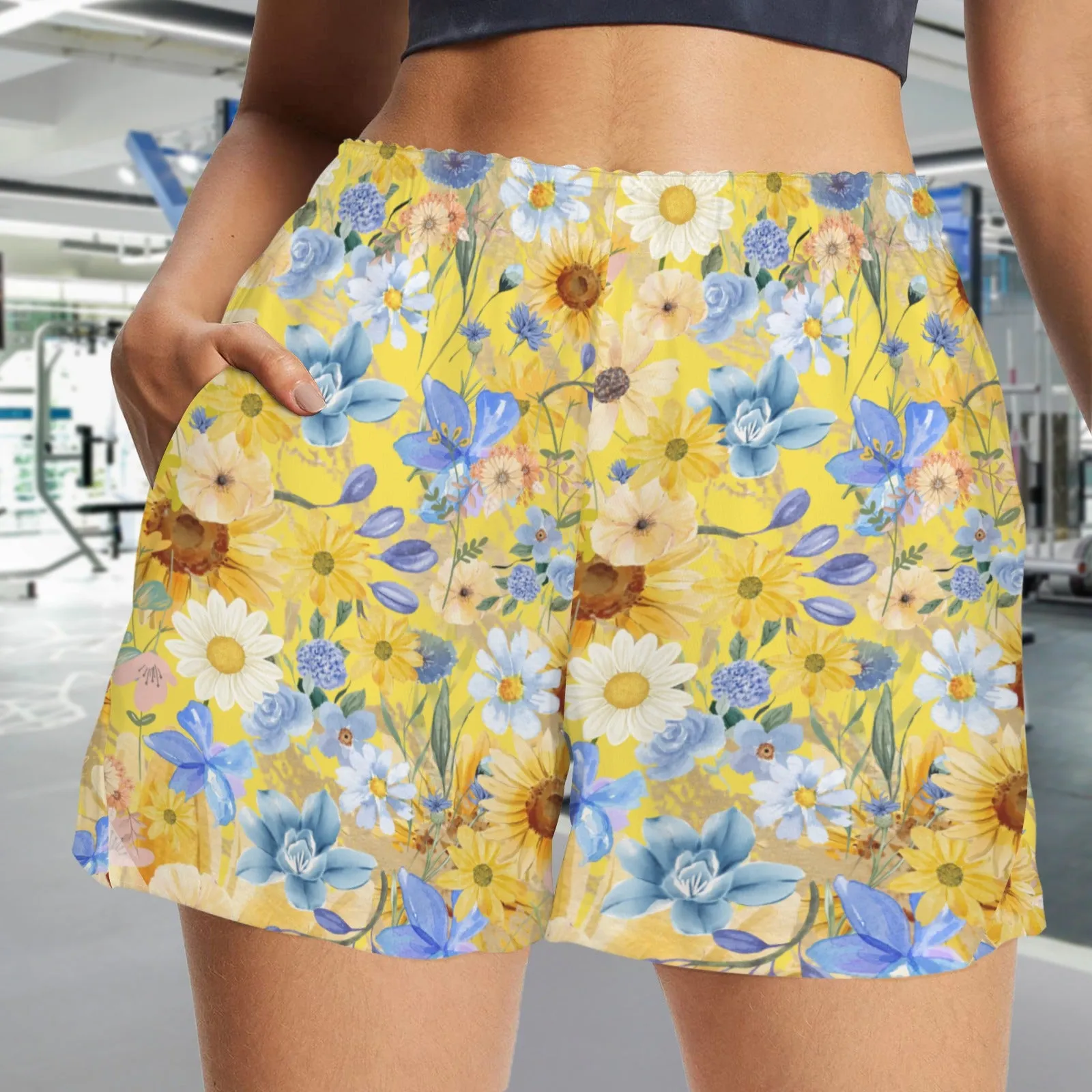 Yellow Floral Art Zip Pocket Shorts up to 5 XL (FWS)