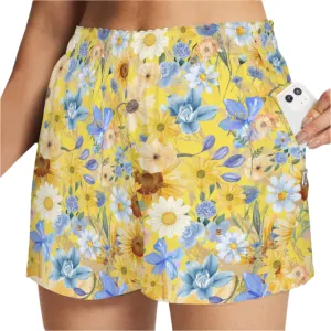 Yellow Floral Art Zip Pocket Shorts up to 5 XL (FWS)